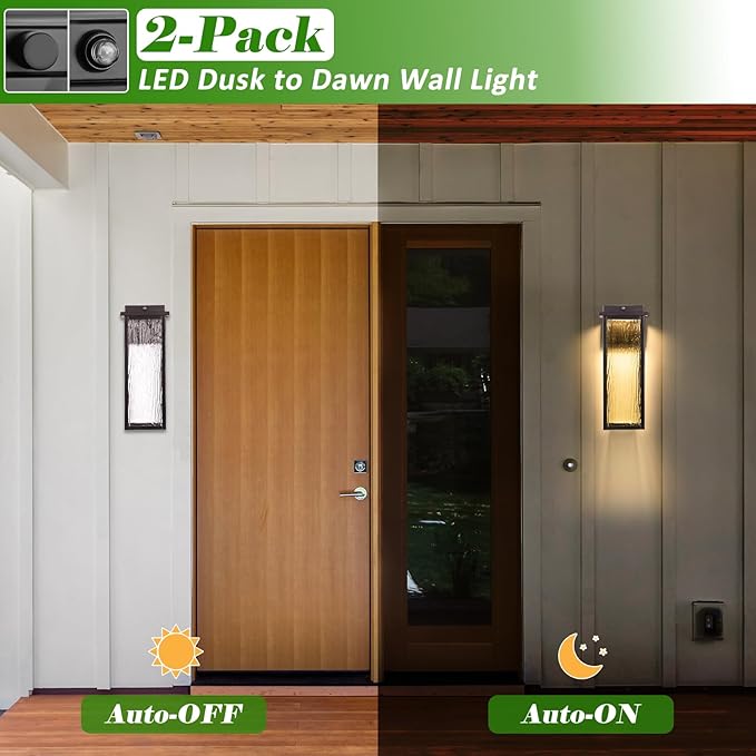 Oil Rubbed Bronze LED Dusk to Dawn Outdoor Lighting 2 Packs, 16" Large Outside Farmhouse Wall Lantern Brown, Industrial Porch Wall Mount Light Fixture with Rippled Glass, Modern Exterior Sconce Lamp