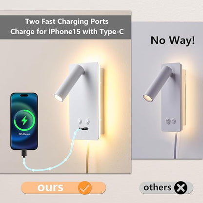 LED Wall Lamp Wall Mounted Reading Lights with 3 Brightness Dimmable, Adjustable Headboard Plug in Wall Sconce with USB C+A Ports, Bed Side Lamp with 9W+3W Night Light 3000K
