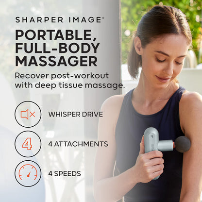 Sharper Image Percussion Massage Gun, Powerboost Move, Lightweight & Portable, 4 Attachments, 4 Speeds, Full Body Back & Shoulder Massager for Deep Tissue Muscle Recovery, Pain Relief & Soreness