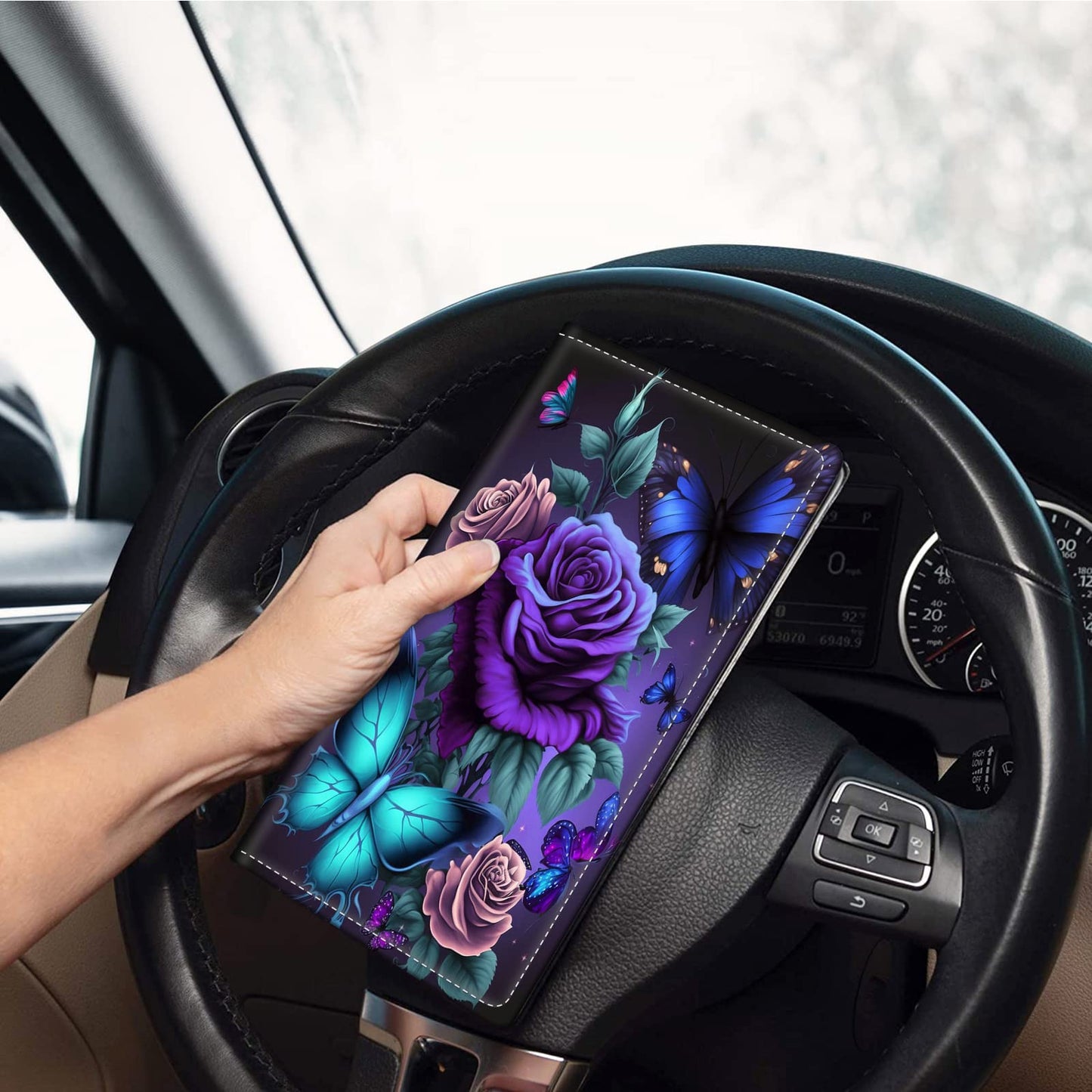 Car Registration and Insurance Holder, Leather Car Glove Box Organizer, Cool Car Accessories for ID, Driver's License Cards & Essential Document, business cards, Men&Women,Blue Pink Roses Butterfly