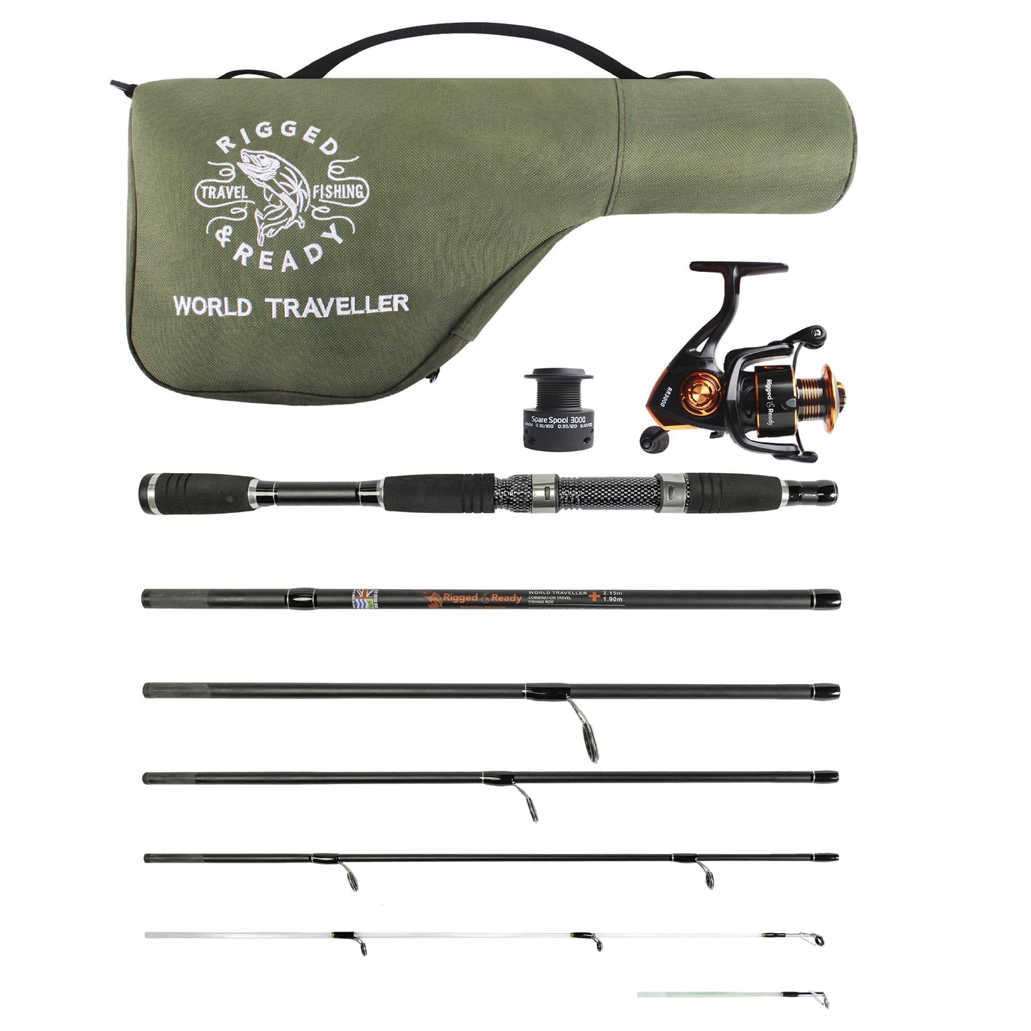 Rigged and Ready World Traveller Rod Reel Case Combination + 2 Tips 215+190cm (7'+6'3") Angling Travel Pole. Bait Carp Pike Spinning Rod for Freshwater Saltwater Sea Fishing