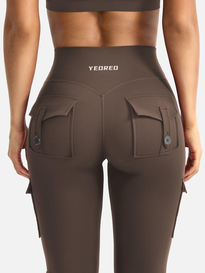 YEOREO CoreFlex Women Workout Flare Leggings with Pockets Hidden Scrunch High Waisted Cargo Gym Yoga Leggings Coffee XXL