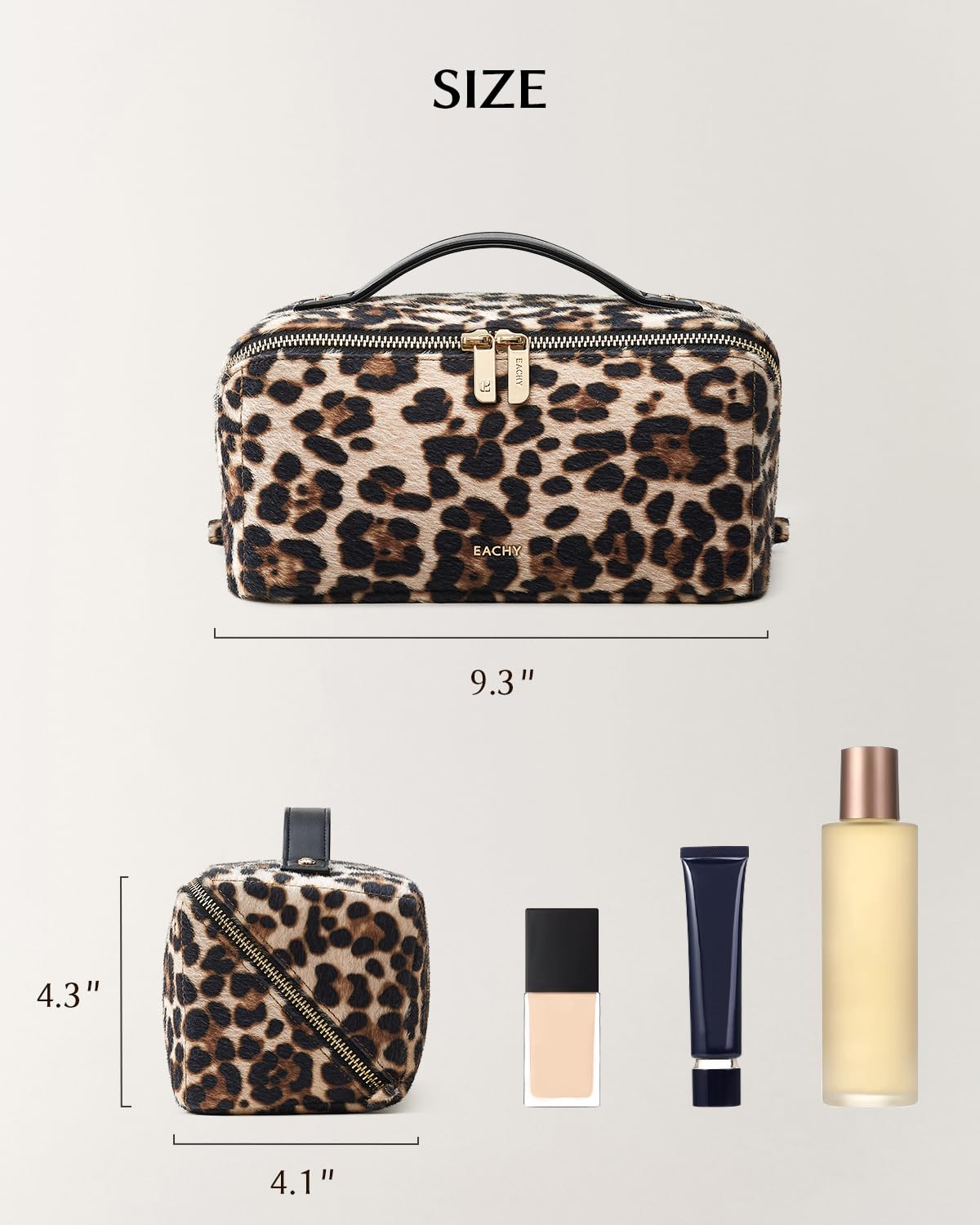 EACHY Travel Makeup Bag for Women, Large Leopard Print Cosmetic Bag with Upgraded Sturdy Zippers, Waterproof Leather Toiletry Organizer Pouch for Skincare Accessories