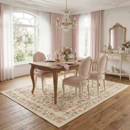 BreezeRise 5x7 Area Rug for Living Room，Boho Beige Butterfly Bow Rug Pink and Green Florals，Non-Slip Washable Foldable Bedroom，Dining Room