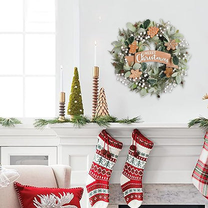 24“ Christmas Wreath Winter Wreath for Front Door with Lamb's Ear Leaves Holly Leaves Berries Gingerbread Decoration Wreath for Farmhouse Indoor Outdoor Holiday Home Decor