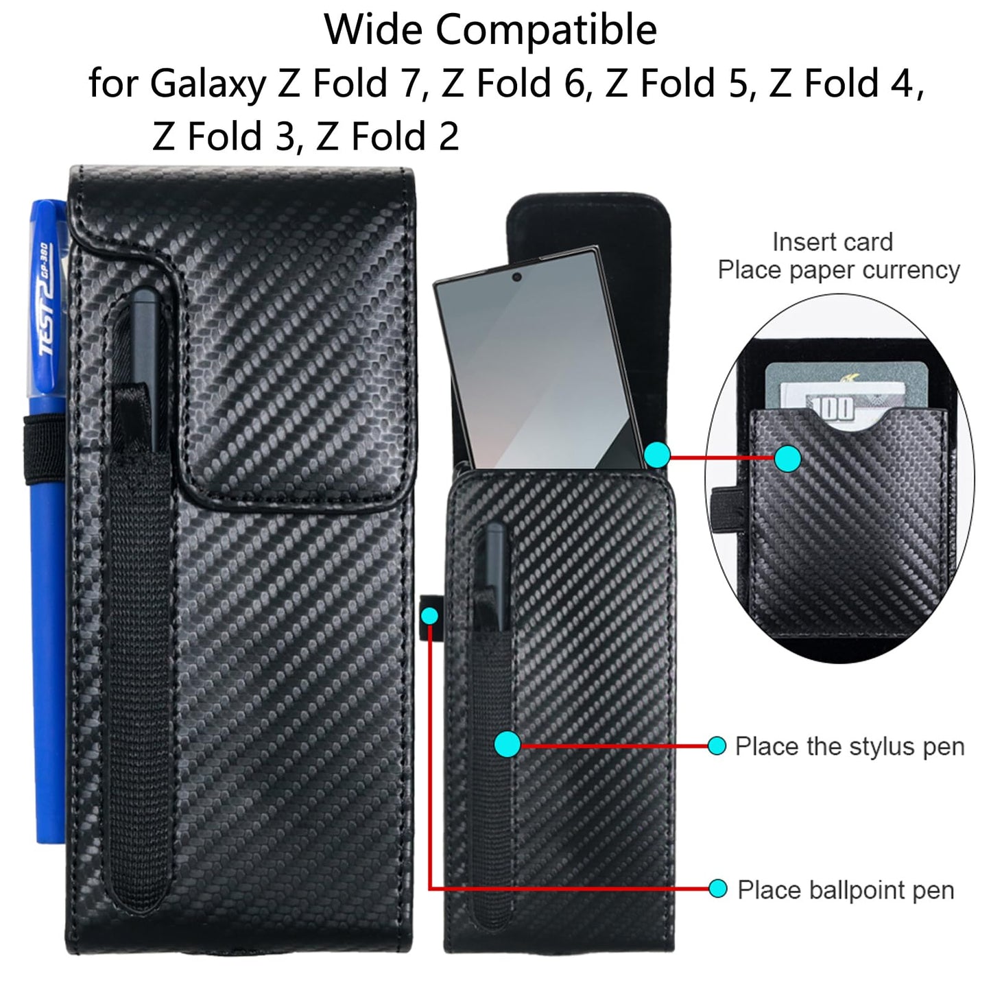 CusPra Holster Pouch for Samsung Galaxy Z Fold 8/7/6/5/4/3 with S Pen Holder & Belt Clip & Card Holder, Luxury Carbon Fiber Leather Holster Case with Belt Loop&Metal Clip&Magnetic Closuer (Vertical)