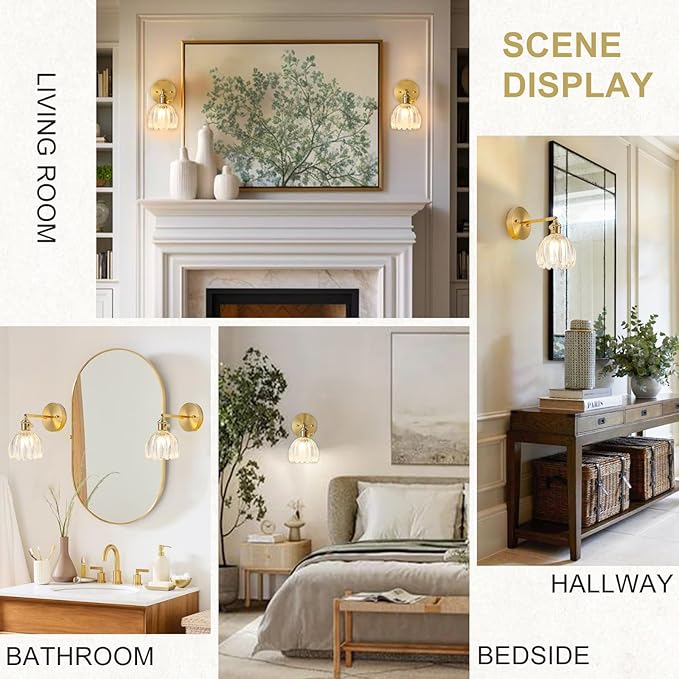 Hardwired Wall Sconce Light, Vintage Wall Sconce with Switch, Gold Wall Light Fixture with Tulip Transparent Glass Lampshade, Indoor Wall Light for Bedroom Bathroom, Bedside Wall Lamp