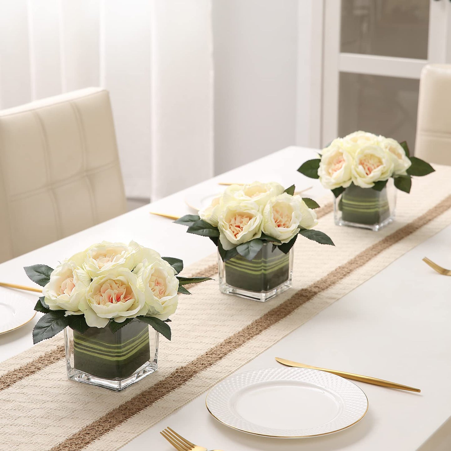 GreenHouzz Artificial Peony Silk Flower Centerpieces Faux Floral Arrangement in Glass Vase for Home Wedding Table Decoration (Champagne)