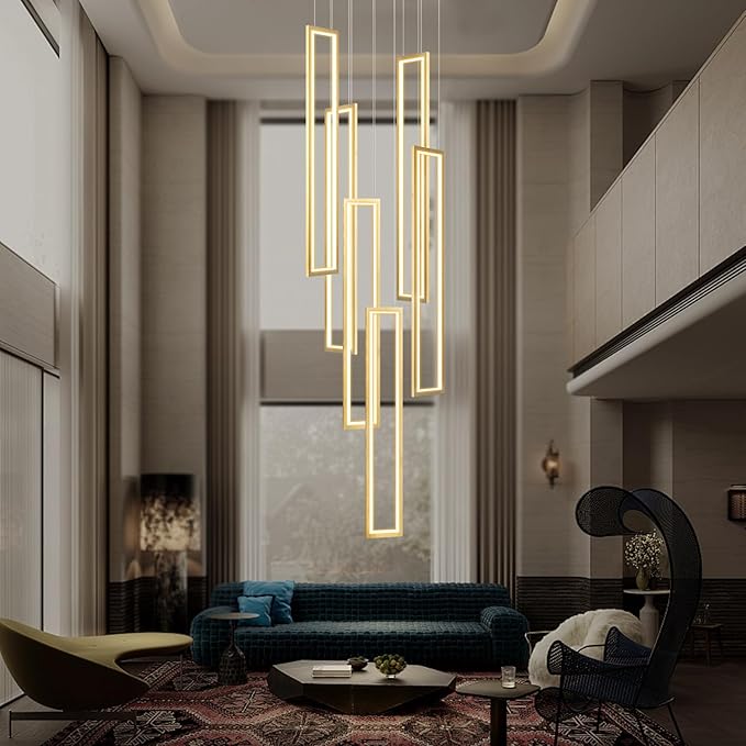 Flashing God Modern Chandelier,Gold Chandeliers with 6 Ring Led Foyer Chandeliers,Larger High Ceiling Chandelier for Living Room,Rectangle Chandelier for Entryway Staircase LED Dimming 2700k-6001k