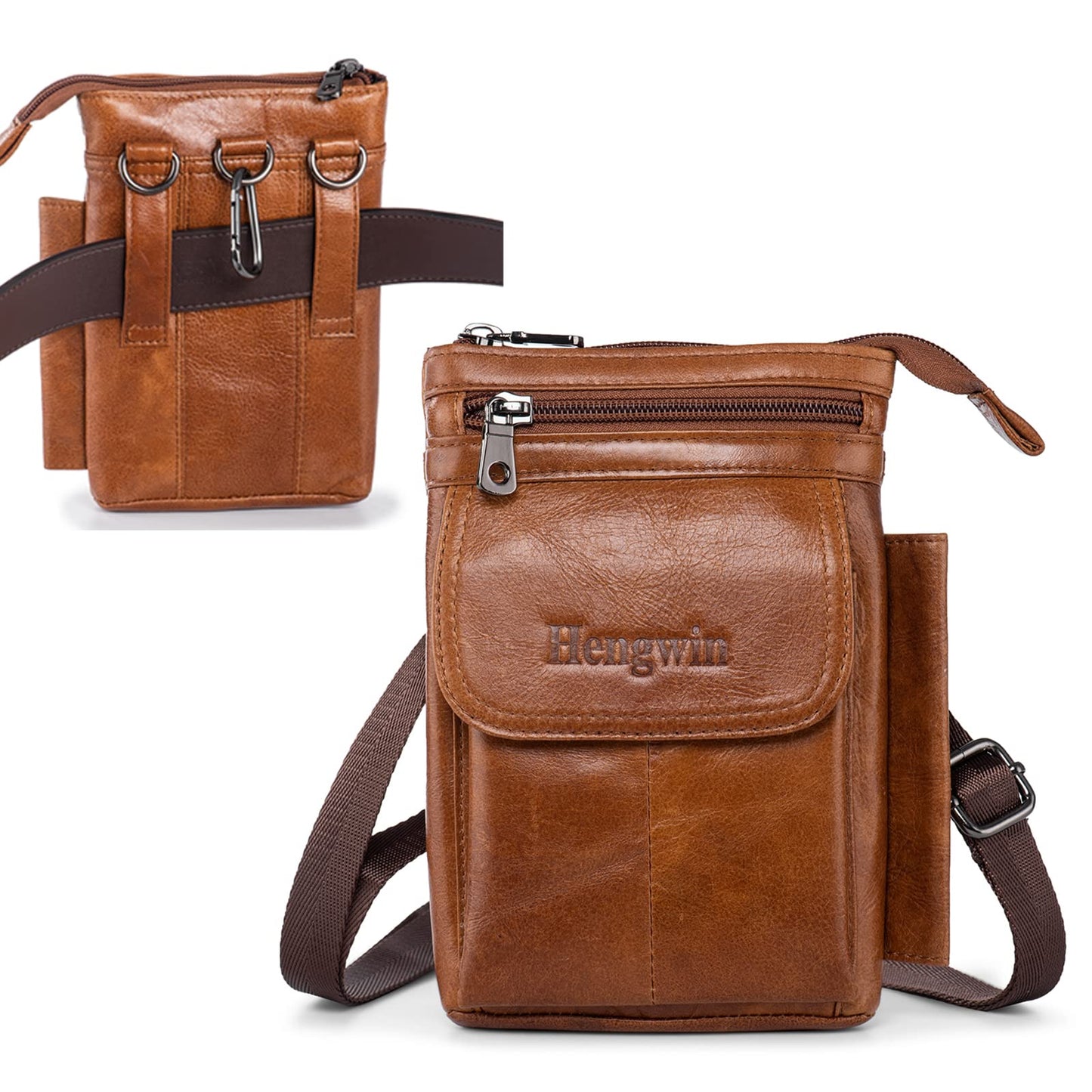 Hengwin Genuine Leather Cell Phone Holster Fit for iPhone 17 16 15 14 13 Pro Max Samsung Galaxy Note9 S24 S25 Ultra Wallet Case with Belt Clip Passport Pouch Small Crossbody Purse Shoulder Bag (Brown)
