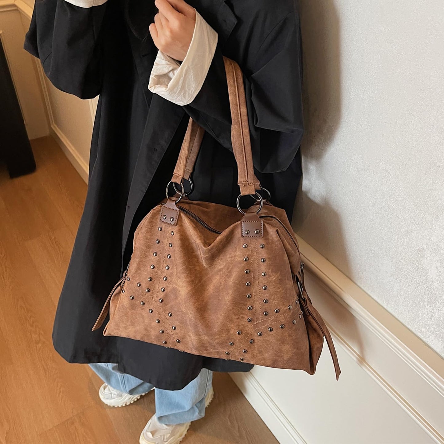 OWGSEE Studded Purse Trendy Faux Leather Studded Tote Handbag Top-Handle Hobo Bags Y2K Shoulder Bag Punk Purse for Women(Brown)