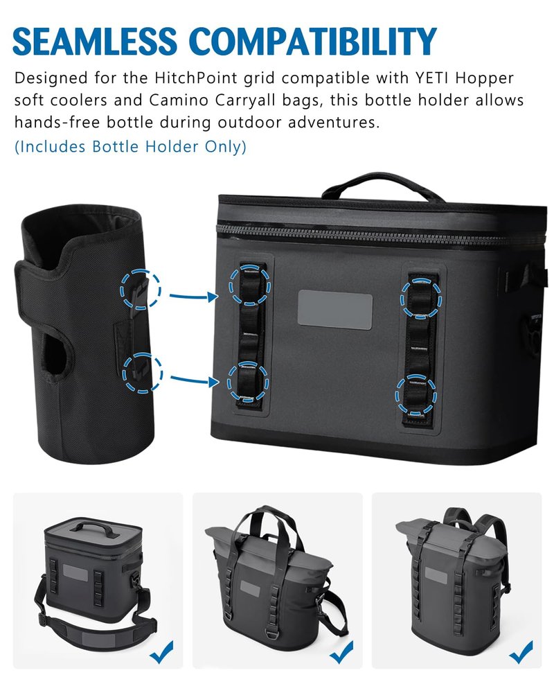 WEIGUZC Bottle Holder for HitchPoint Grid Compatible with YETI Hopper Soft Cooler or Camino Carryall - 600D Waterproof Oxford with 2mm Pearl Cotton - Hands-Free Water Bottle Carrier