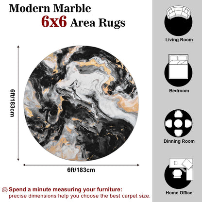 Yinhua Washable Round Rug 6ft, Circle Black and Gold Rug Non Slip, Soft Faux Wool Marble Rugs Non Shedding, Low Pile Abstract Area Rugs, Stain Resistant Carpet for Dining Room Table Nursery