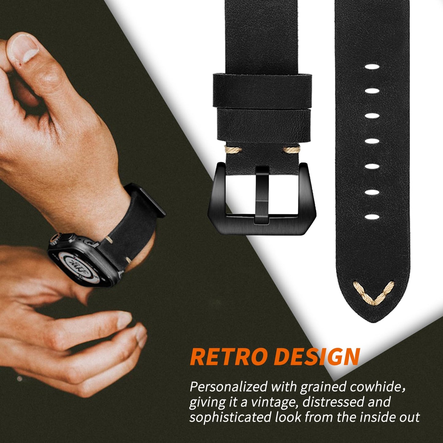 Handmade Double Sided Leather Bands Compatible with Apple Watch Ultra 2/Ultra Band 49mm 46mm 45mm 44mm 42mm ，Men Retro Design Grain Genuine Leather Band For iWatch Series SE 10 9 8 7 6 5 4 3 2 1