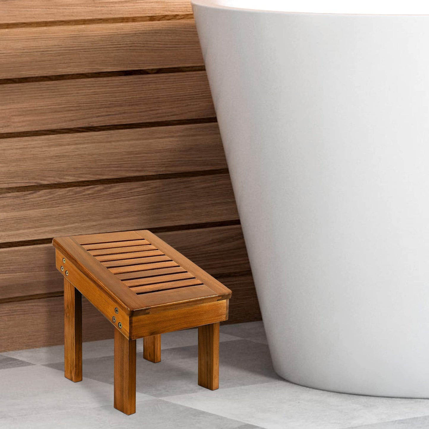 Utoplike Teak Wood Shower Foot Stool for Shaving Legs, Sturdy Shower Foot Rest for Shower Shaving, Wooden Shower Foot Step for Bathroom