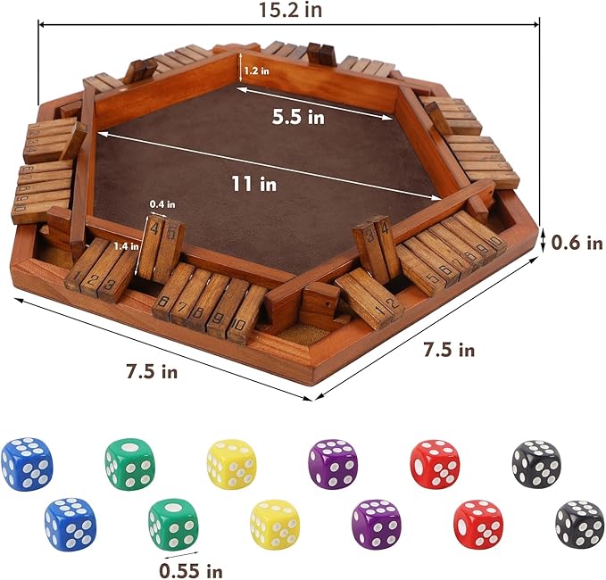 Juegoal Wooden Shut The Box Dice Game for 1-6 Players Upgrade Tabletop Board Game with 12 Dice for Kids Adults Families Classics Travel Portable Classroom Home Party Pub Board Game Sets