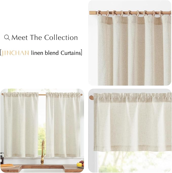 jinchan Linen Textured Tier Curtains 24 Inch for Kitchen Windows Country Farmhouse Cafe Small Curtain Rustic Light Filtering Half Curtains for Living Room Laundry Bathroom Rod Pocket 2 Panels Crude