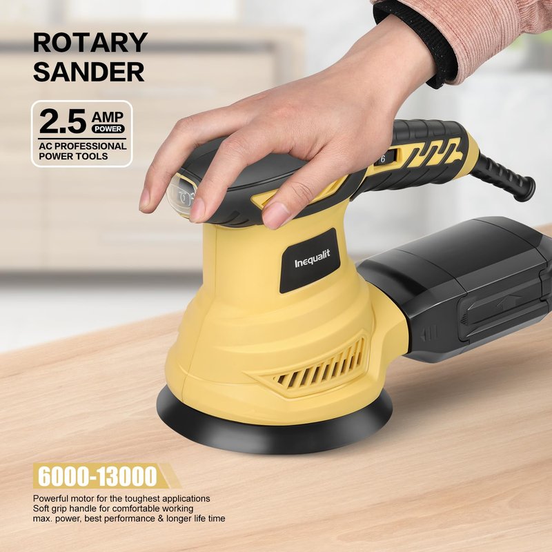 Inequalit Random Orbital Sander, 2.5Amp 4.9-Inch Corded Palm Sander, Max 13000 OPM Electric Drywall Sander with 6 Variable Speed, 20Pcs Sandpapers and Dust Bag for Woodworking, Sanding, Polishing