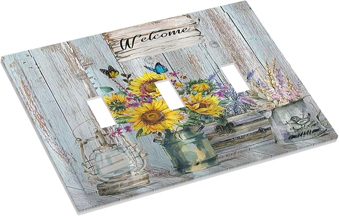 Sunflower Vintage Barn Wooden 3 Gang Light Switch Covers Sun floral Triple Toggle Wall Plate Decorative Switchplate Electrical Faceplate Farmhouse Home Livingroom Decor