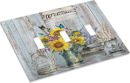 Sunflower Vintage Barn Wooden 3 Gang Light Switch Covers Sun floral Triple Toggle Wall Plate Decorative Switchplate Electrical Faceplate Farmhouse Home Livingroom Decor