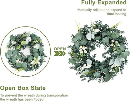Wreath for Front Door, 18 Inch Spring Summer Eucalyptus Wreaths, Handmade Greenery Wreath All Season for Outside Window Wall Festival Farmhouse Indoor Outdoor Party Holiday Wedding Home Decor