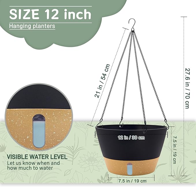 ZMTECH 12 Inch Large Hanging Planters for Outdoor Plants, 2 Pack Self Watering Hanging Planter with Visual Reservoir, Hanging Baskets for Plants Indoor with Drainage Hole and Plant Hanger(Gray)