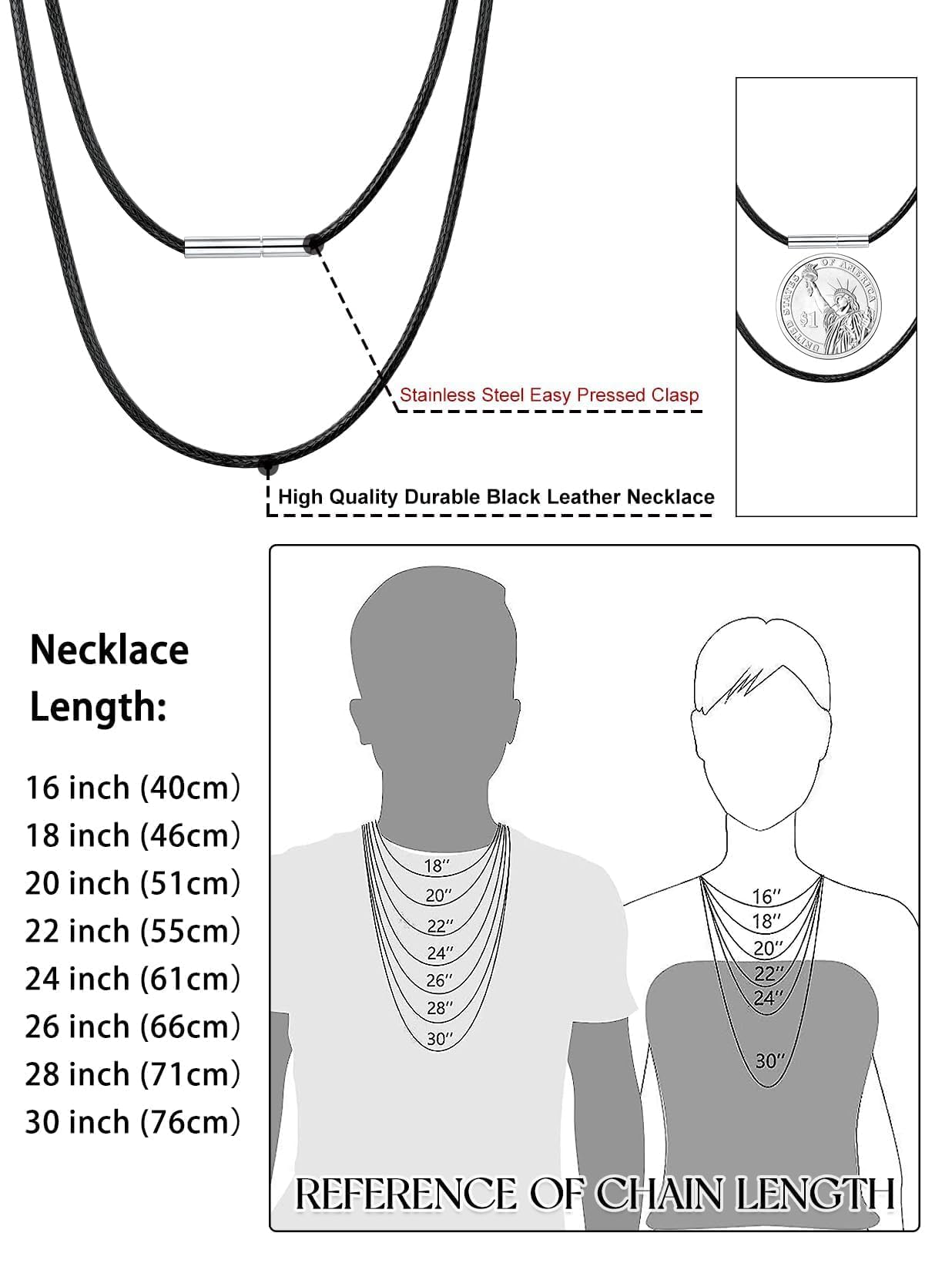 Bestyle 2MM Black Leather Necklace for Men Women,Waterproof Wax Woven Rope Chain with Stainless Steel Clasp, Leather Cord Necklace for Pendants 30"