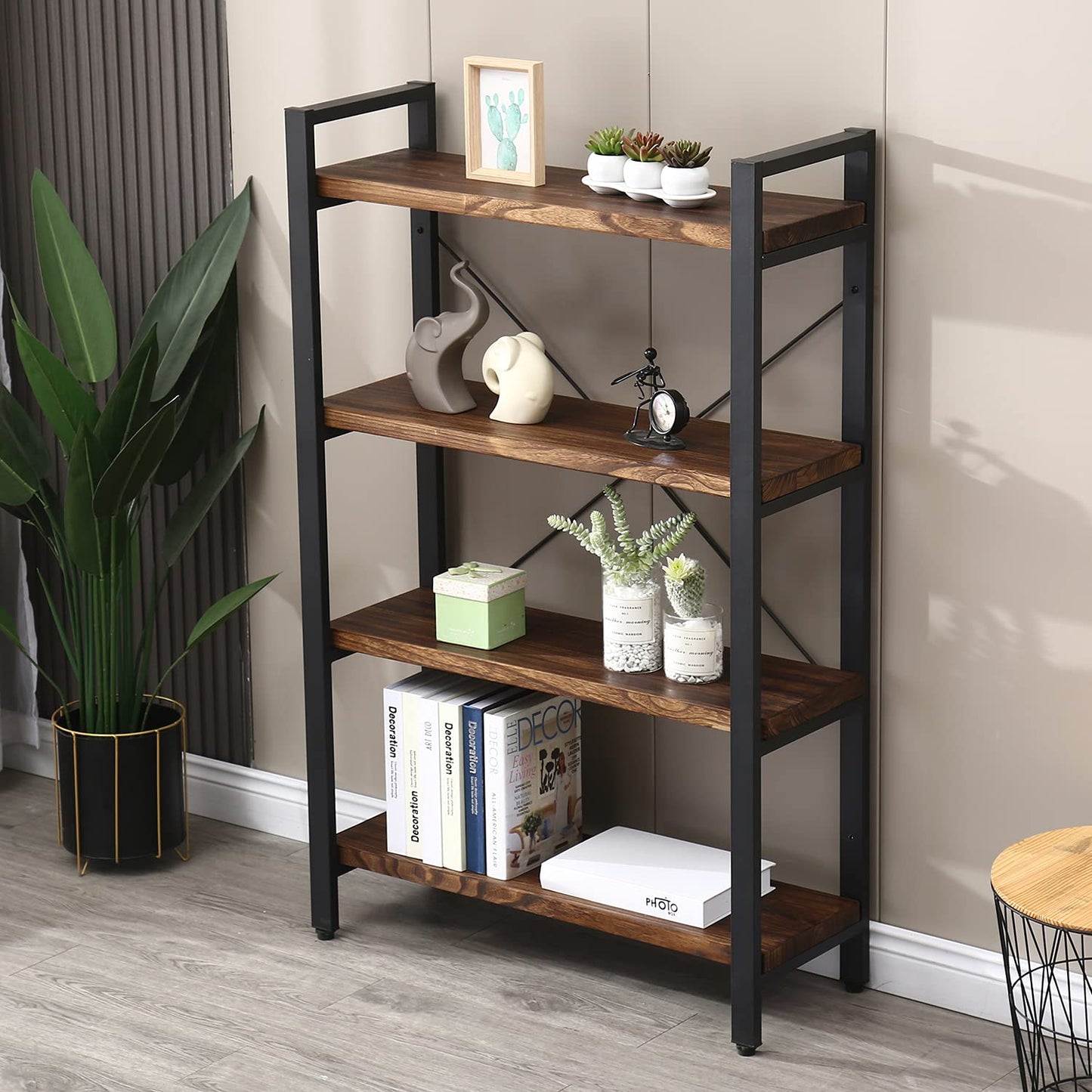 WH-AOERPUMY Solid Wood Bookshelf,4 Tier Rustic Vintage Industrial Etagere Bookcase, Open Metal and Wood Vintage Book Shelf, Retro Brown (RealWood)(4-Tier)