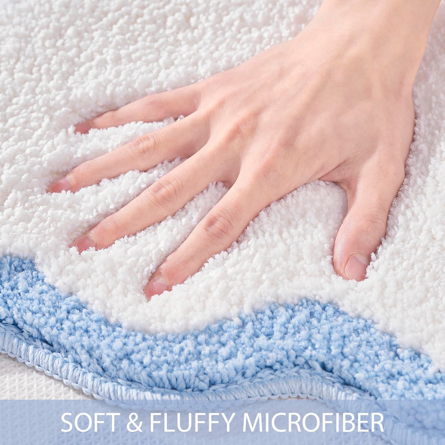 DyeFury Luxury Cute Bathroom Rugs, White Bath Mat W/Blue Scalloped Edge, Microfiber Aesthetic Trendy Funky Fun Preppy Rug, Extra Soft Bathroom Mat Non-Slip for Tub, Shower, and Bath Room 30'' x 20''