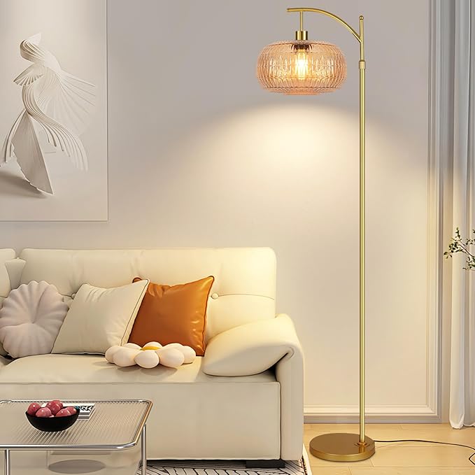 Glass Floor Lamp for Living Room,Bedroom,Gold Mid Century Modern Standing Lamp with Remote,Dimmable Brass Tall Lamp Amber Lamp Vintage Retro Arc Floor Lamps Floor Light Boho Bohemian