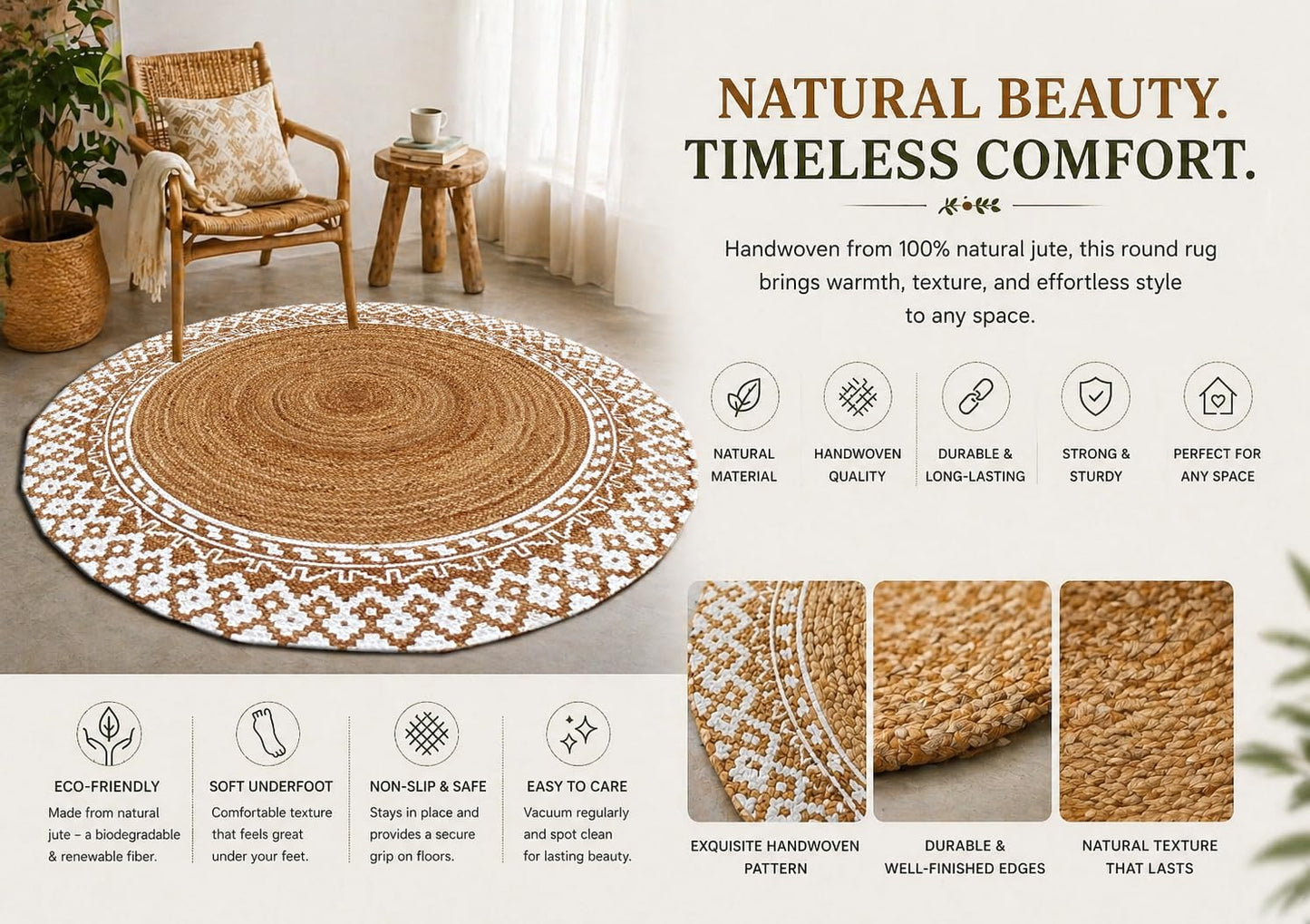 4 Ft Round Jute Rug – Handwoven Natural Fiber Area Rug with White Border, Boho Braided Rug for Living Room, Dining Table, Entryway & Bedroom, Durable & Eco-Friendly Carpet