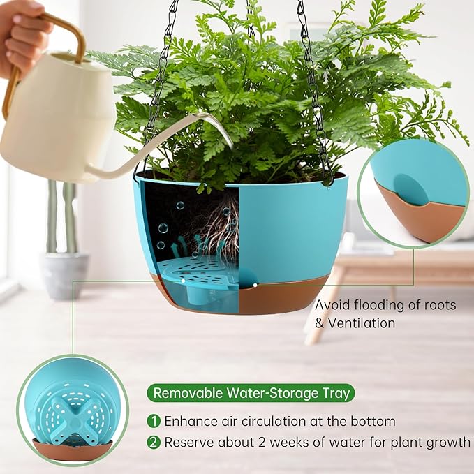 Set of 2 8 Inch Self Watering Hanging Planters for Indoor Outdoor Plants, Color Blocking Hanging Baskets Flower Pots with Drainage Hole & Removable Water-Storage Tray and 20" Chain Hanger