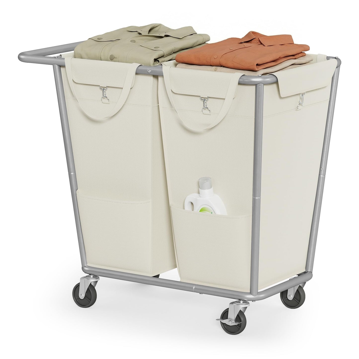 SONGMICS Laundry Basket with Wheels, 2-Section Laundry Sorter, 50.2 Gallons (190 L) Rolling Hamper with Removable Bags, Heavy-Duty Steel Frame, Cream White URLS009W01