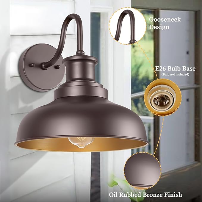 Outdoor Gooseneck Barn Lights Outdoor Wall Sconces Farmhouse Exterior Wall Mount Light Vintage Wall Lighting Fixture Industrial Bronze Lantern for Porch Entryway Garage Patio, 2 Pack