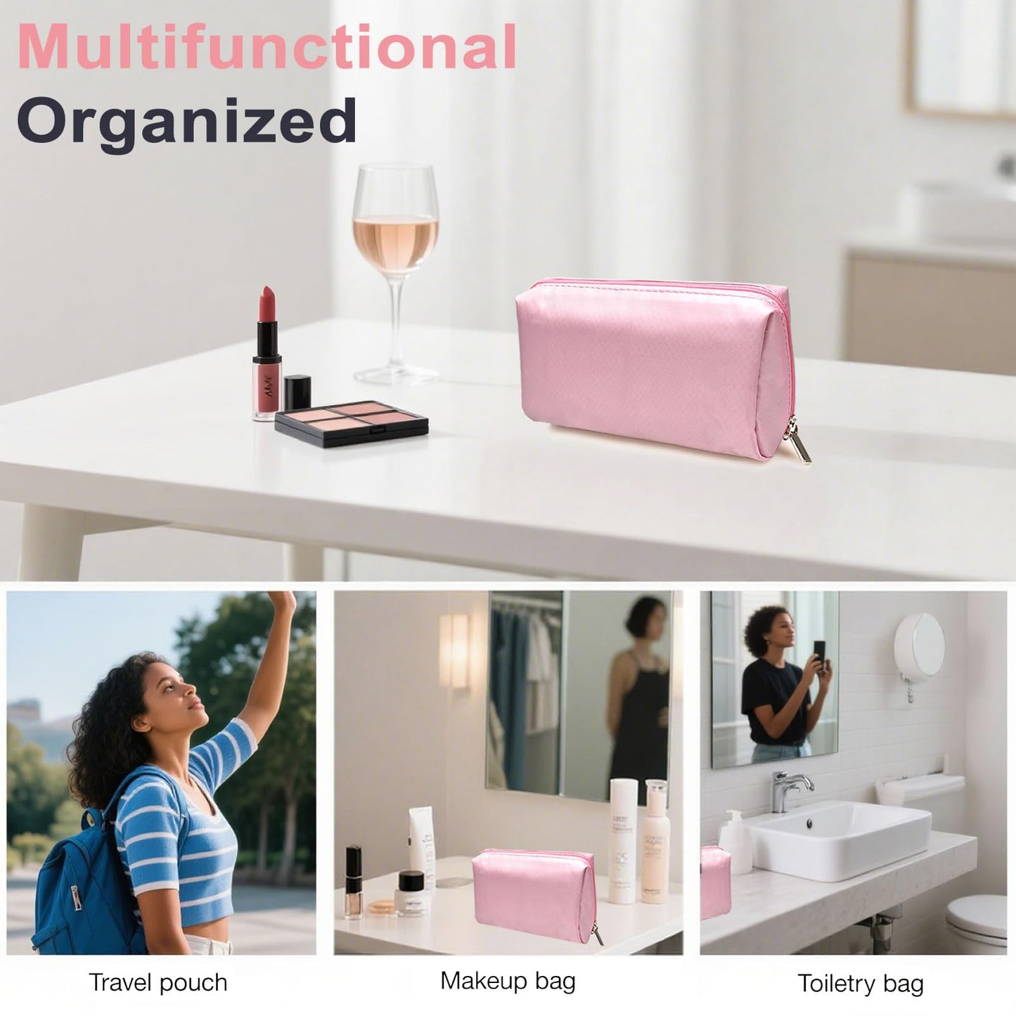 VOFOON Travel Makeup Bag, Small Cosmetic Bag for Women, Wide-open Make up Organizer Purse Toiletry Bag for Cosmetics Toiletries Accessories (Pink, S)