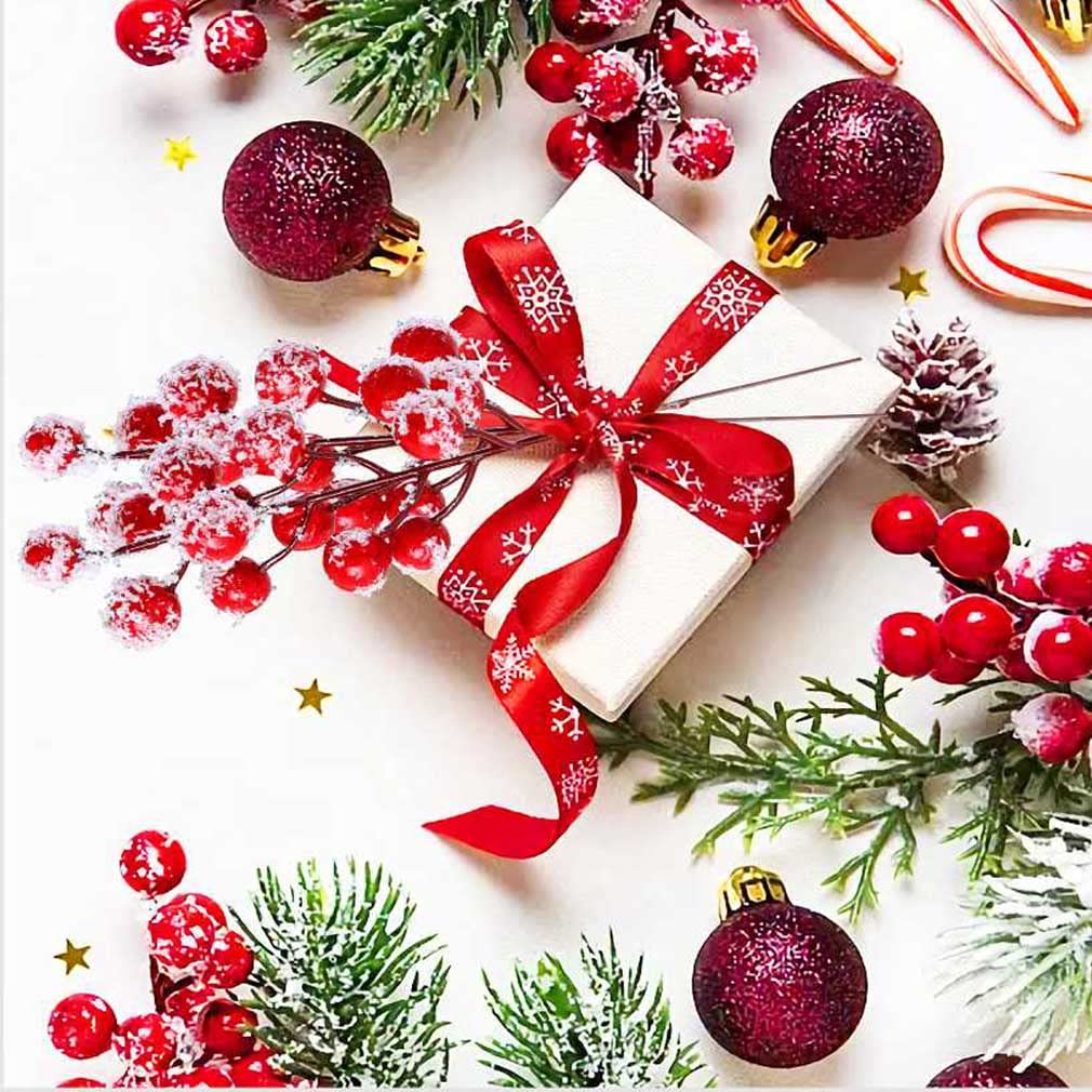 KSPOWWIN 24 PCS Artificial Holly Berry Stem Picks with Snowflake Glitter Christmas Tree Berries Floral Picks for Christmas Tree Ornaments DIY Wreath Crafts Wedding Decor