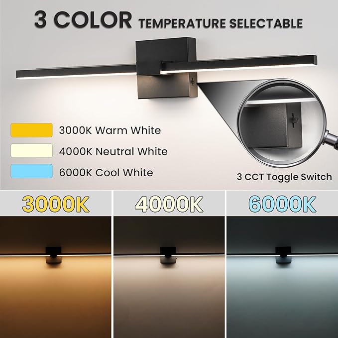 URSOLA Black Bathroom Light Fixtures, 24 inch Modern LED Vanity Lighting Over Mirror, 3CCT Dimmable Wall Sconces for Bedroom