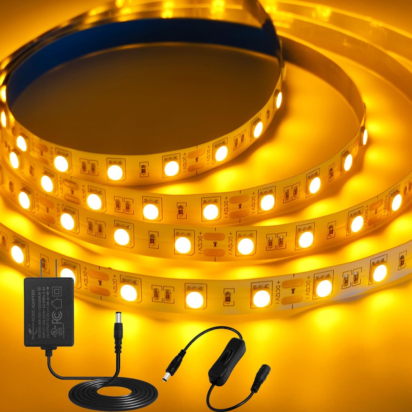 iNextStation 12V LED Strip Light Yellow, 16.4ft/5M SMD5050 LED Strip with Adapter & LED Switch, Flexible Cuttable LED Tape Light for Bedroom Kitchen Cabinet Bar Festival Home Indoor Decor