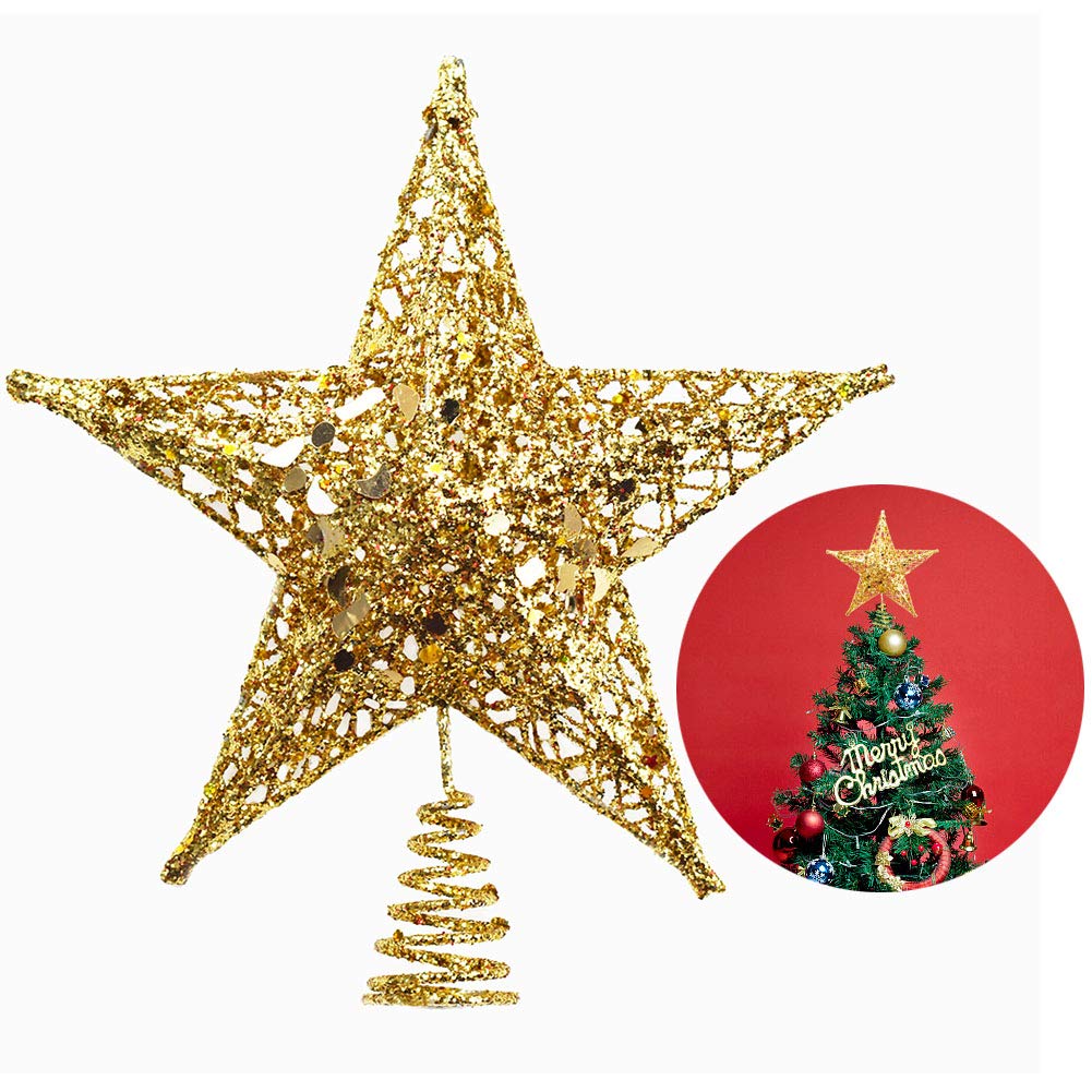 Christmas Tree Star Topper, Xmas Tree Topper Glittered 5 Point Star Treetop for Christmas Tree Ornament Indoor Party Home Decoration (Golden, 6inch)