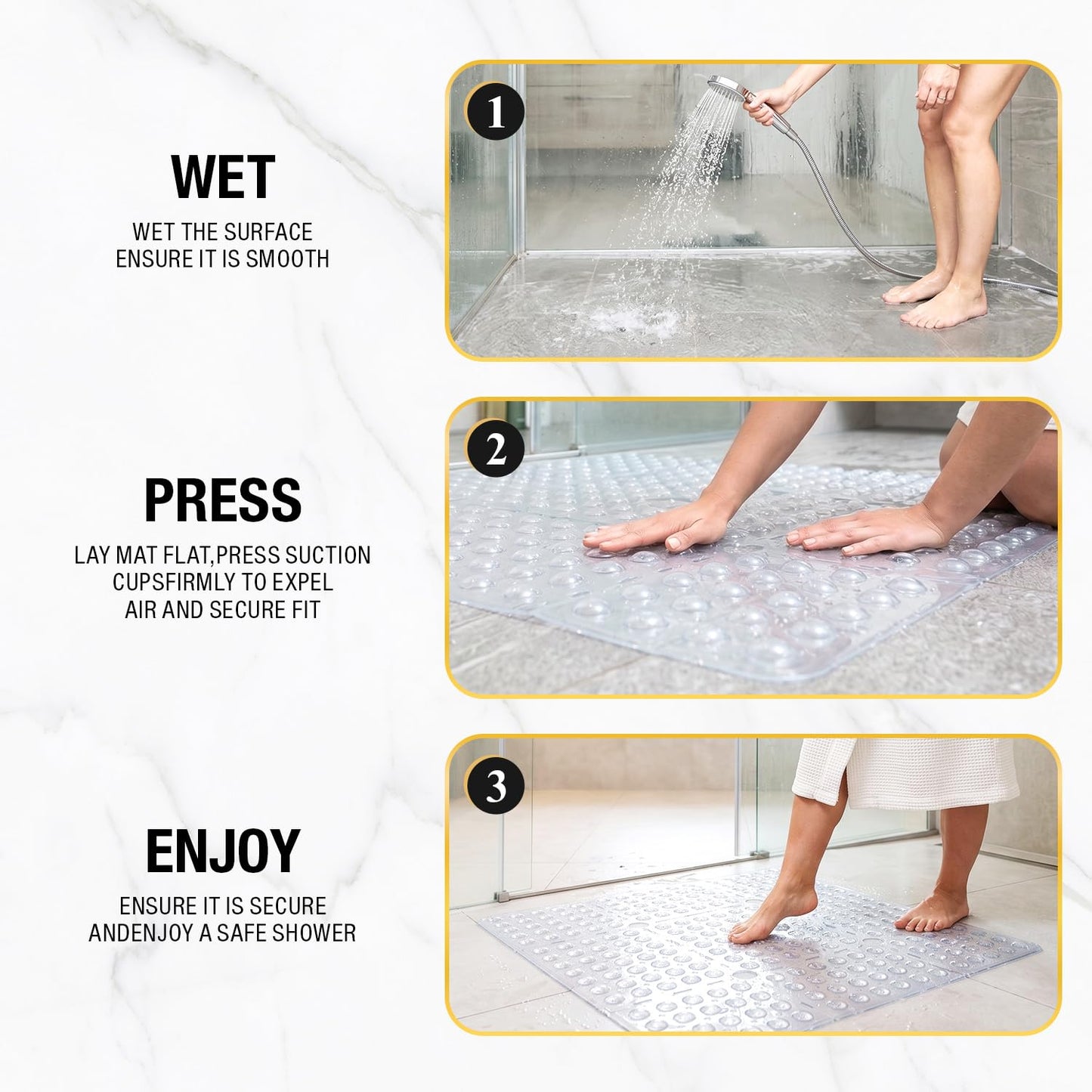 HITSLAM Square Shower Mat 27x27 Inch, Extra Large Non Slip Shower Mats for Inside Shower Stall, Anti Slip Bath Floor Mat with Strong Suction Cups & Drain Holes, Machine Washable, Clear