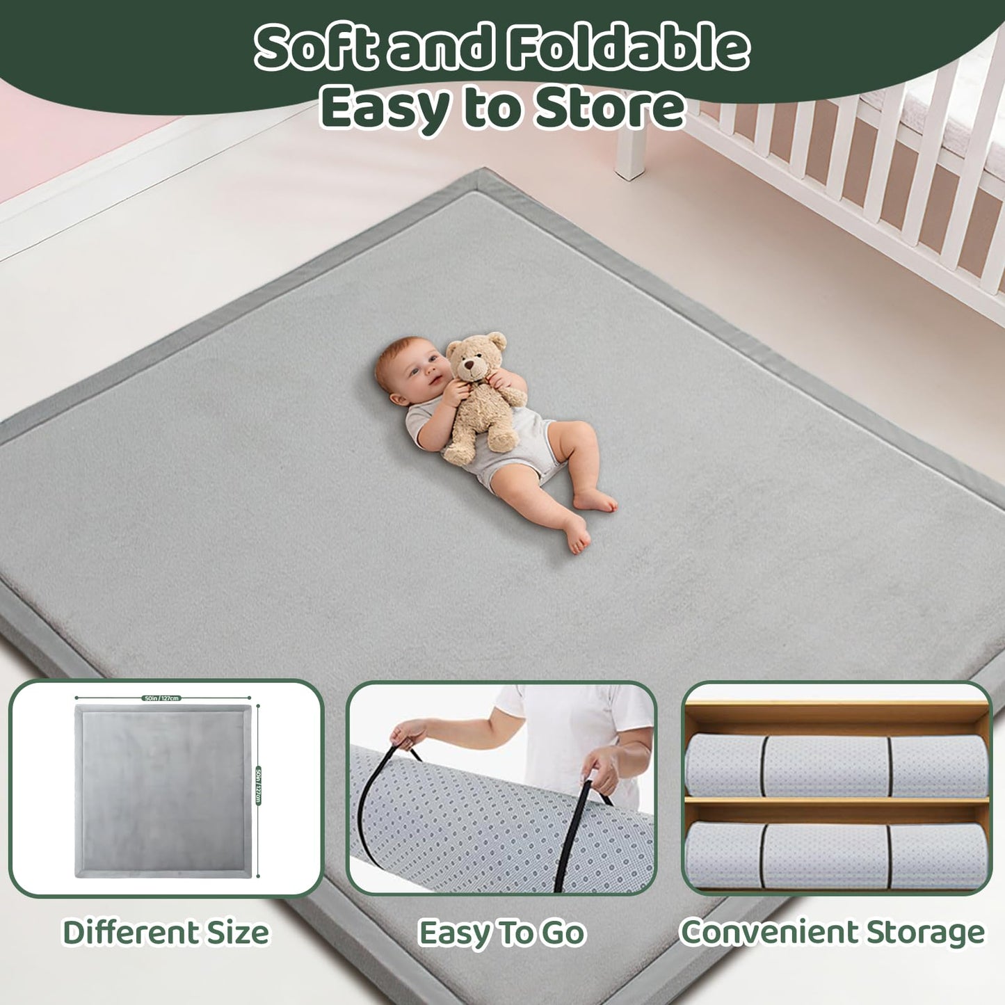 TreeBud Baby Play Mat for Floor, 1.3 Inch Thick Memory Foam Tummy Time Mats with Non Slip Backing, Soft Coral Velvet 50×50 Inch Playpen Mat Crawling Tatami for Infants Toddlers Kids, Light Grey