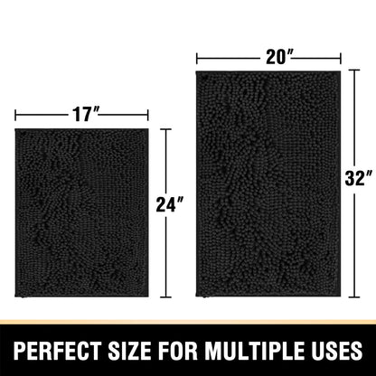 H.VERSAILTEX Black Bathroom Rug Set 2 Piece, Bath Mats for Bathroom Floor, Super Thick Soft Shaggy Chenille Bath Mats Machine Washable, Dry Fast Water Absorbent Bath Mats(20" x 32"/17" x 24")