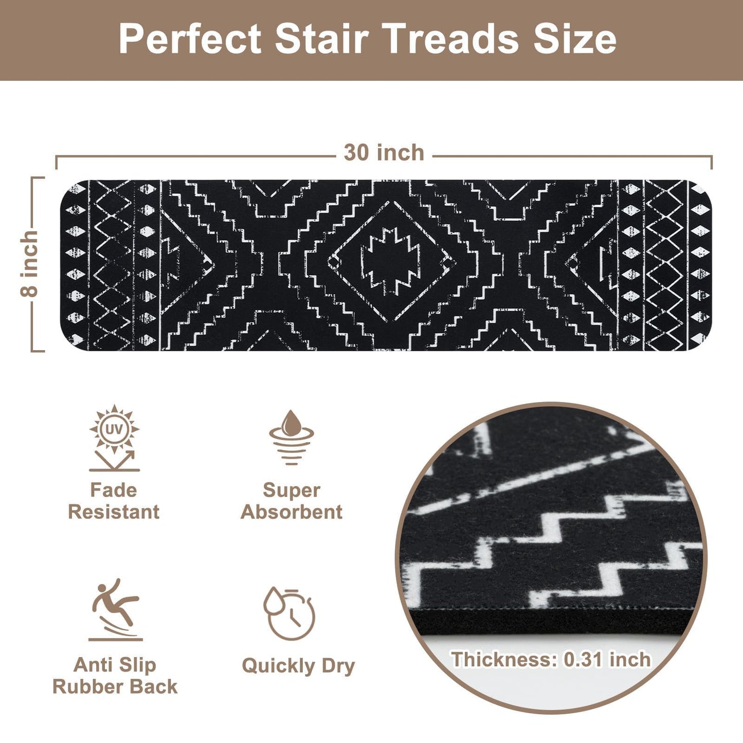 OJIA Boho Stair Treads Non-Slip Stair Runners for Wooden Steps Indoor 15PCS 30"x8" Washable Carpet Stair Treads Stair Mats Staircase Step Treads for Kids, Elders and Dogs, Stair Covers, Black