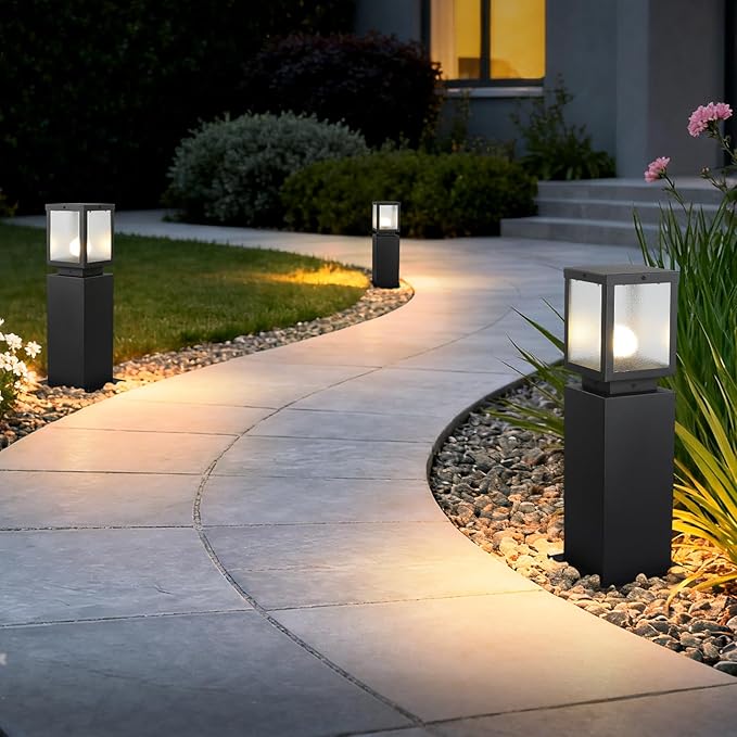 Outdoor Landscape Path Light Modern Black Waterproof Bollard Light Outside Housing Pathway Light Aluminum Walkway Lighting Hardwired E26 Sideway Post Pole Lighting Patio Porch Exterior Lawn Floor Lamp