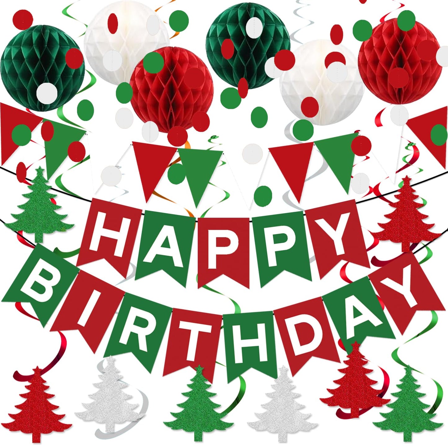 Christmas Birthday Party Decorations for Boys Girls, Pre-Strung Red-Green White Happy Birthday Banner with Honeycomb Balls, Christmas Tree Hanging Swirls, Circle Dots Garland, Triangle Pennant