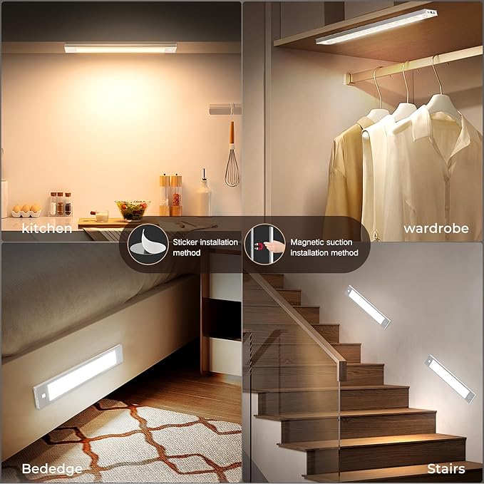 VST 72 LEDs Motion Sensor Lights Indoor 3 Color Temps, Dimmable Under Cabinet Lighting, 1800mAh Rechargeable Step Light, Cordless Night Light for Stair, Wardrobe, Kitchen 2 Pack