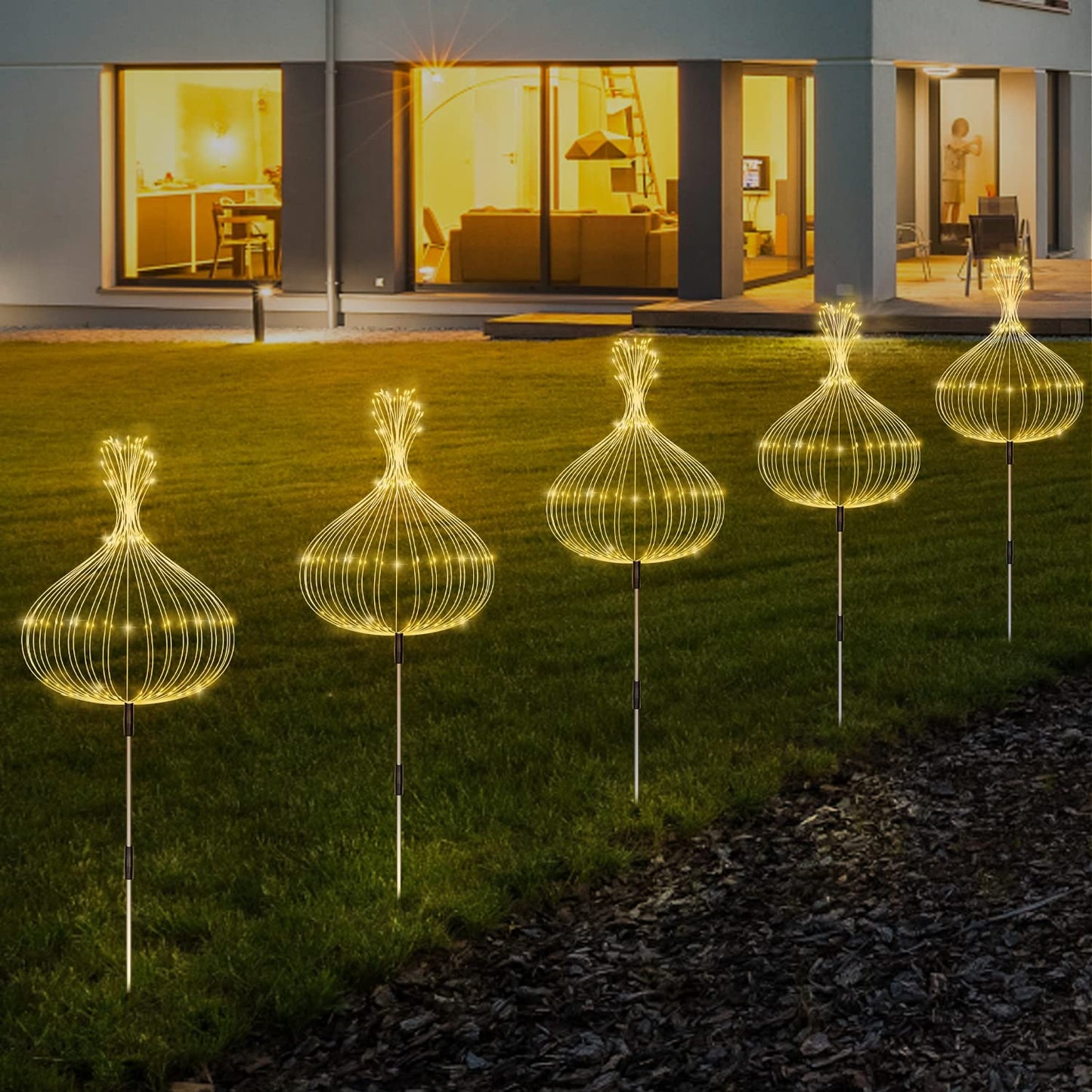 Maleyt Solar Garden Lights, Outdoor Firework Lights, 5 Pack 120 LED Decorative Stake with Remote, 8 Modes DIY Landscape Light Waterproof Lamps for Walkway Pathway Backyard Lawn (Warm)