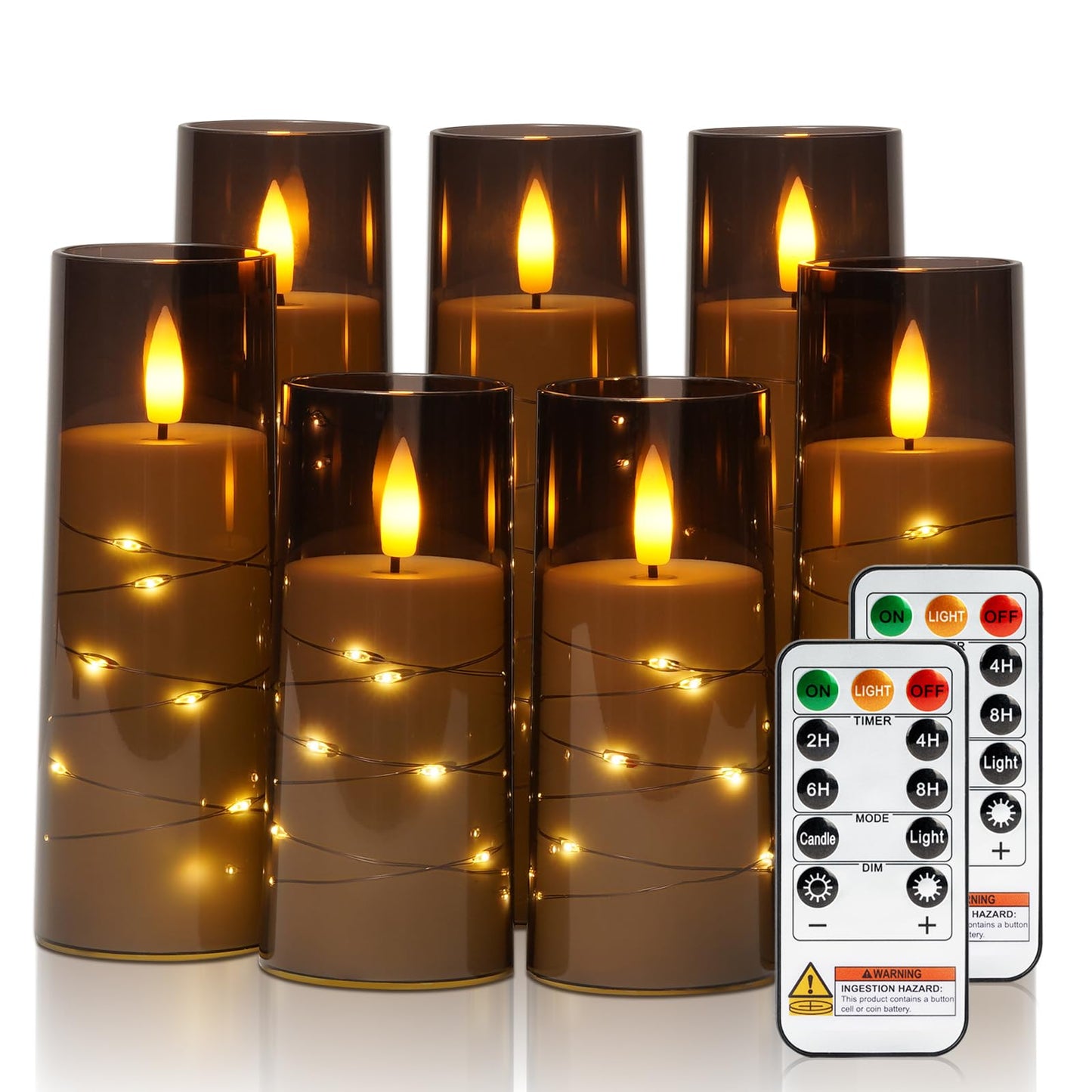Raycare Flameless Candle with Remote Timer, 7 Flickering Acrylic Battery Operated LED Pillar Candles with Embedded Star String for Christmas, Home Decor, and as a Gift(Grey)