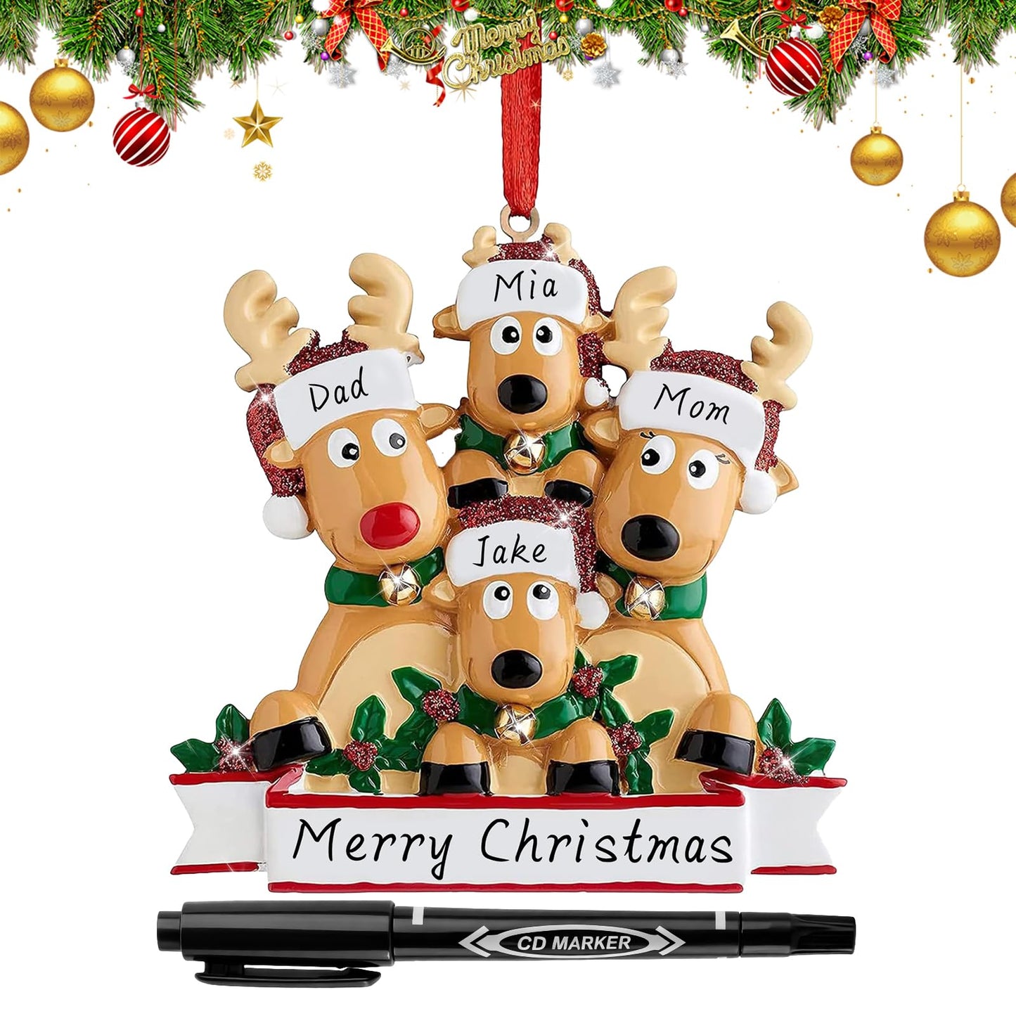 Personalized Deer Christmas Ornaments 2025 Family of 2,3,4,5,6, Custom Engraved Names & Year, Custom Polyresin Hanging Reindeer Ornament for Xmas Tree Decoration Holiday Family Decor Gifts