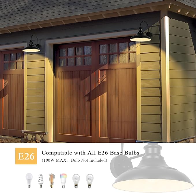 Dusk to Dawn Sensor Outdoor Barn Light Fixture, 12.3 Inch Dome Farmhouse Outdoor Wall Sconce, Gooseneck Exterior Wall Mount Light, Industrial Black White Finish Wall Lantern for Porch, DDRZ004 BK+WH
